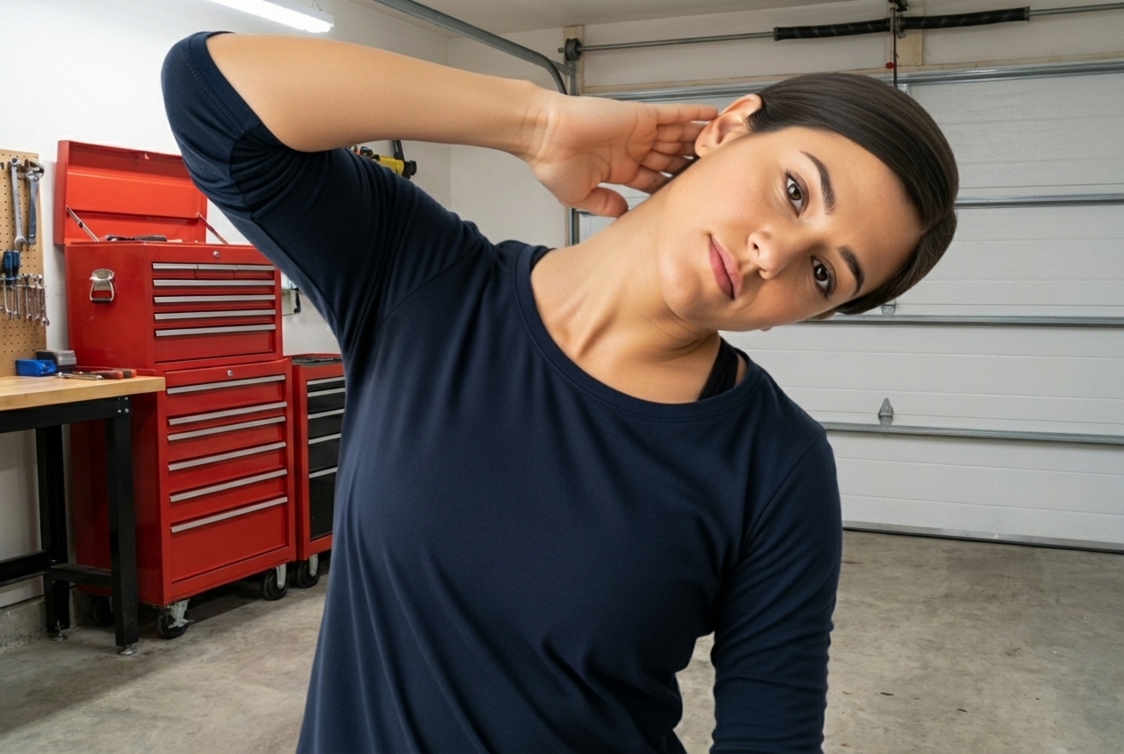 person performing a gentle neck tilt stretch - sore neck muscles