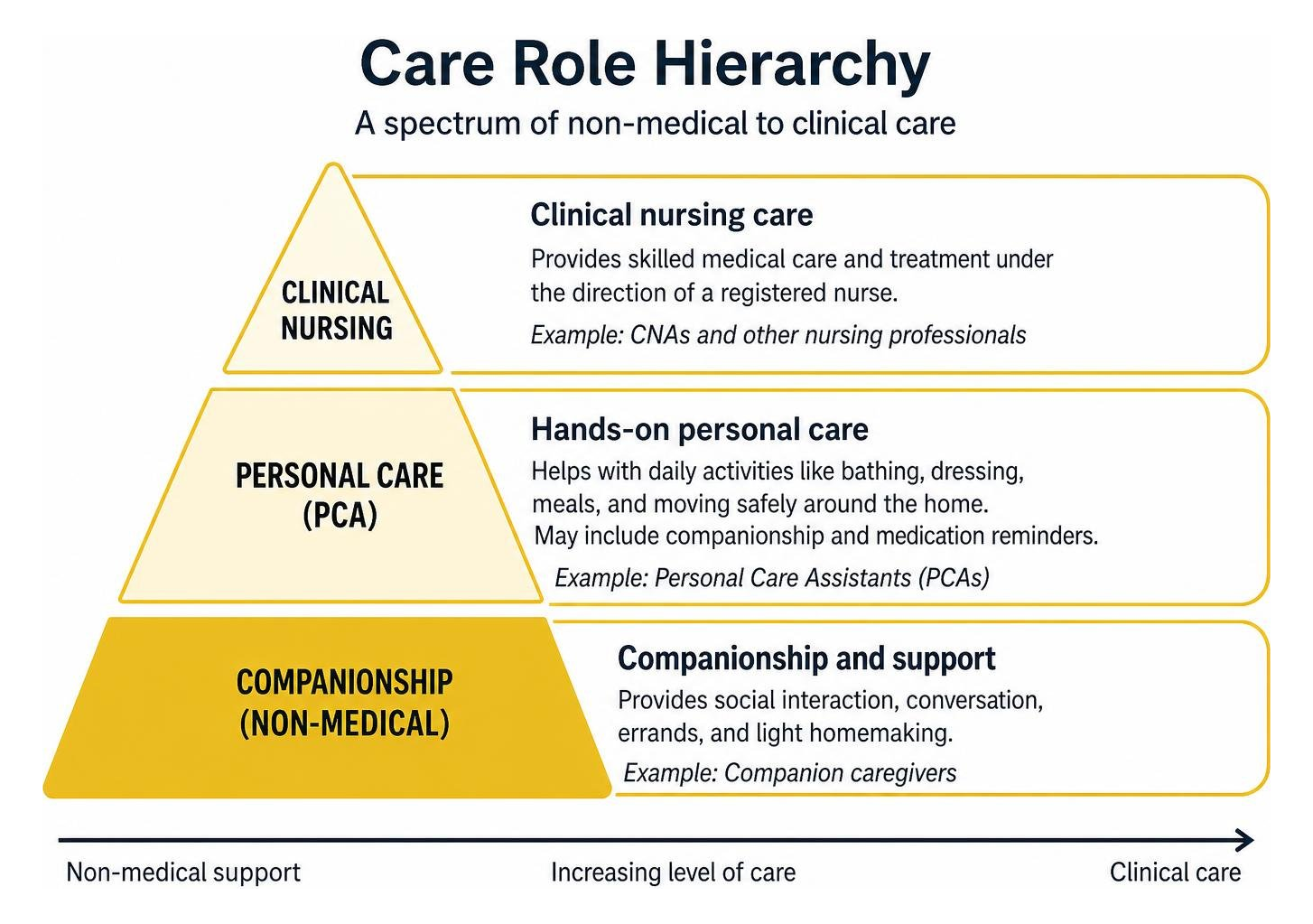 Care role hierarchy showing companionship, personal care, and clinical nursing layers