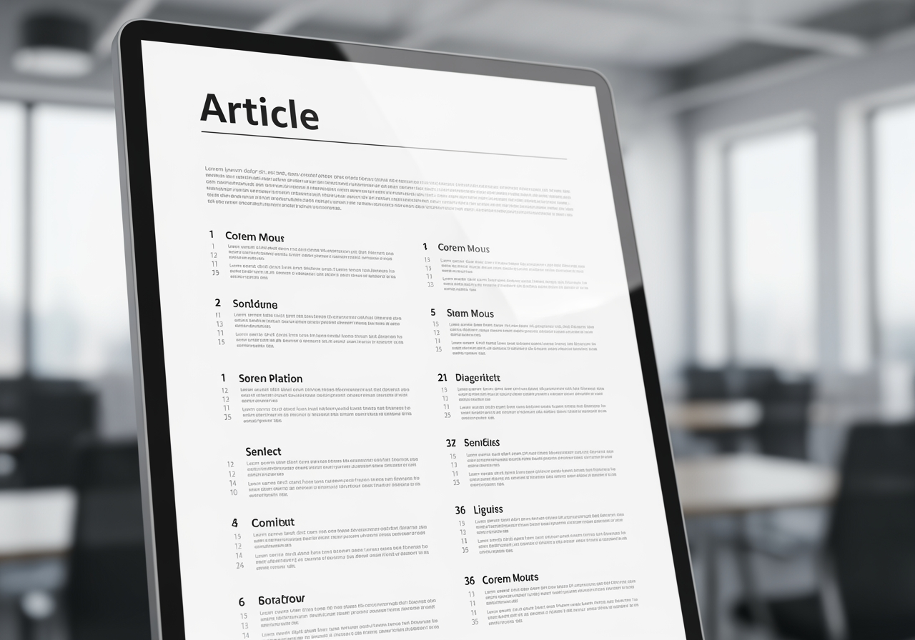Well-structured article with headings and lists - LLM SEO guide Digital tablet displaying an article with a structured layout, featuring headings and numbered sections, in a modern office environment.