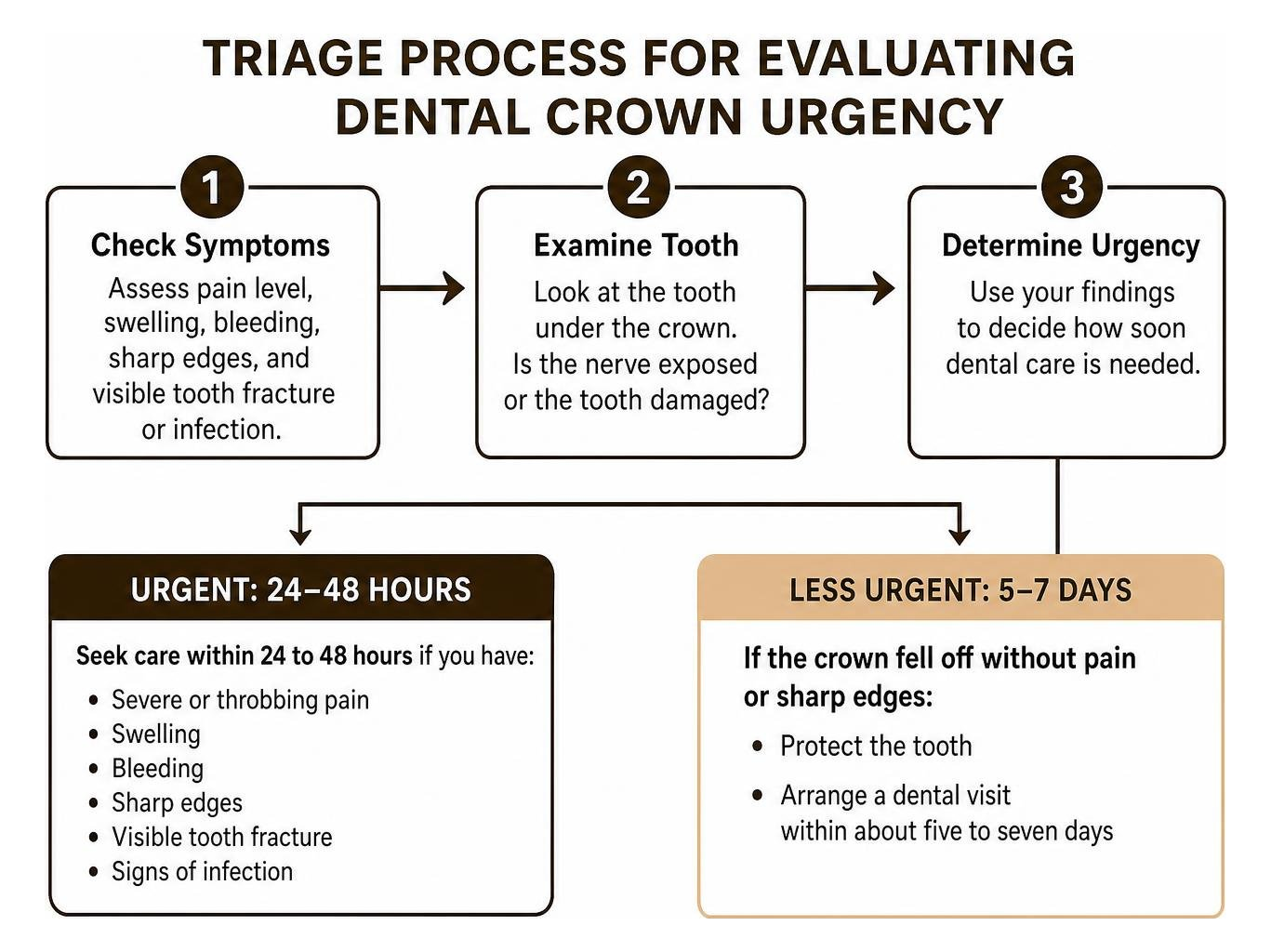 Triage process for evaluating dental crown urgency Triage process for evaluating dental crown urgency
