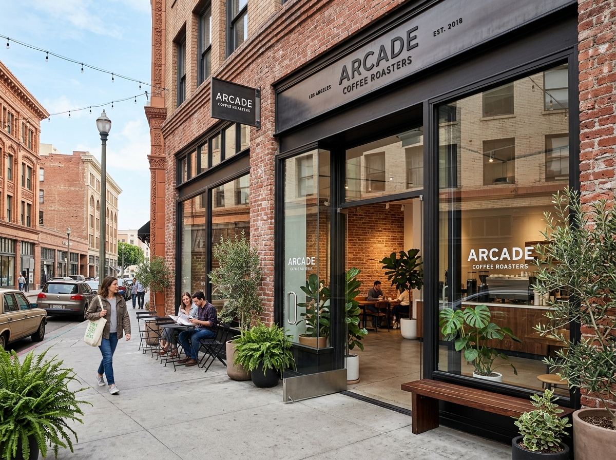 A beautifully revitalized storefront in a historic LA district featuring a minimalist coffee shop entrance - coffee shop
