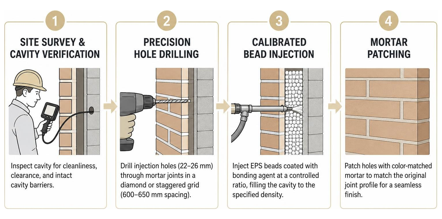 Step-by-step workflow of site survey, drilling, bead injection, and mortar patching