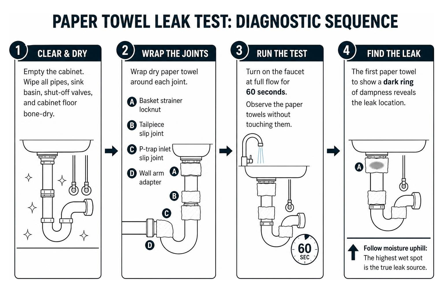 paper towel leak test diagnostic sequence
