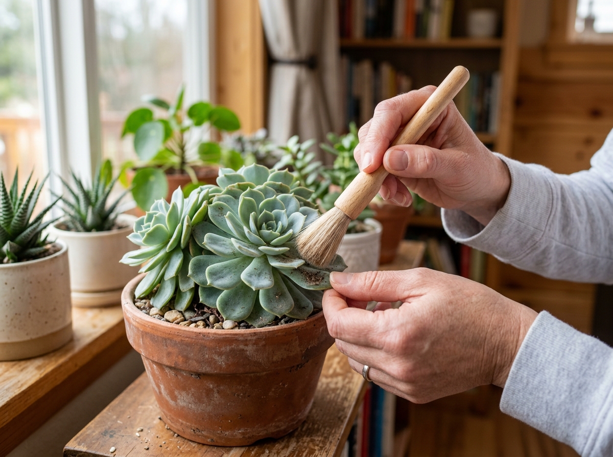 Cleaning succulent leaves with a soft brush to remove dust and debris - growing succulents indoors in winter