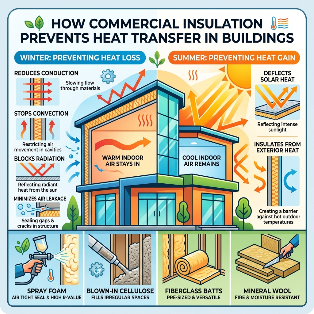 How commercial insulation prevents heat transfer in buildings infographic - commercial insulation contractors near me