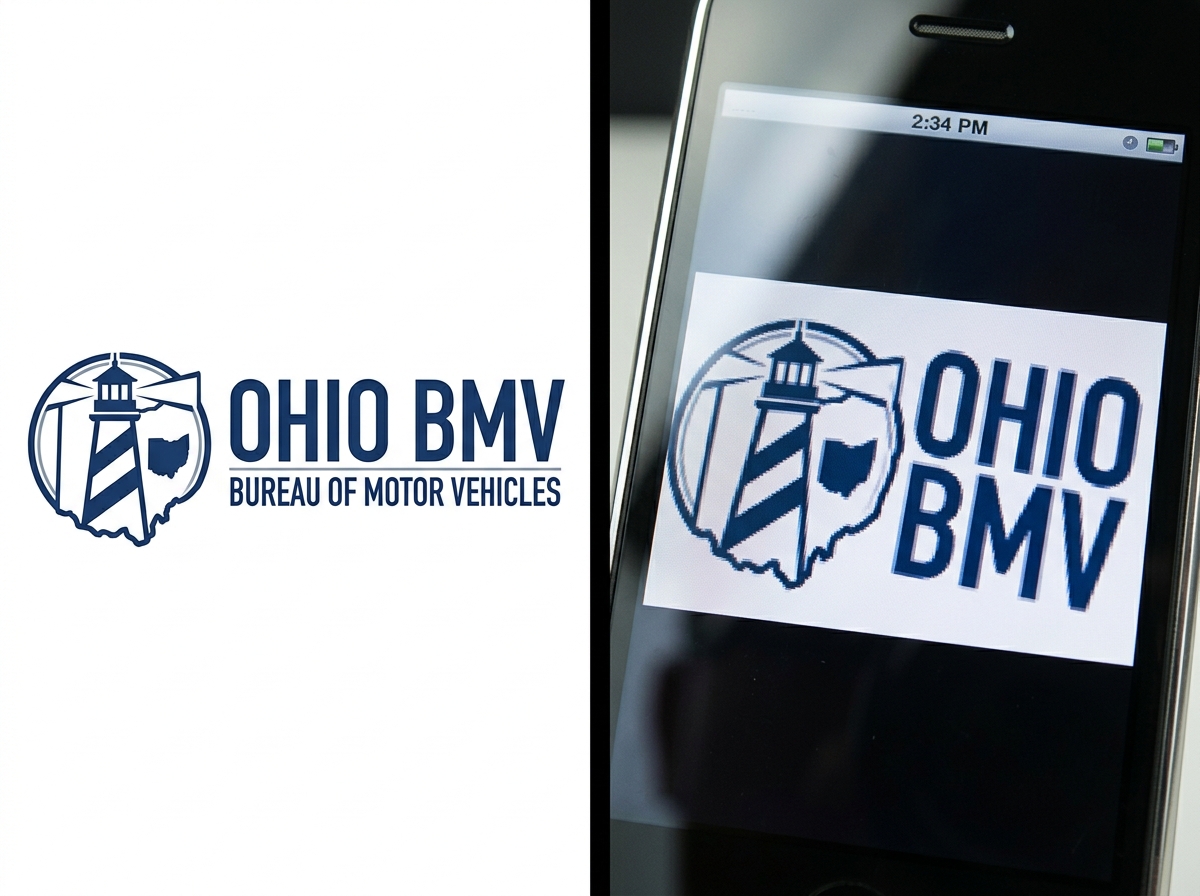 Comparison of the official Ohio BMV logo versus a poorly cropped spoofed version used by scammers - Ohio BMV scam text Comparison of the official Ohio BMV logo versus a poorly cropped spoofed version used by scammers - Ohio BMV scam text
