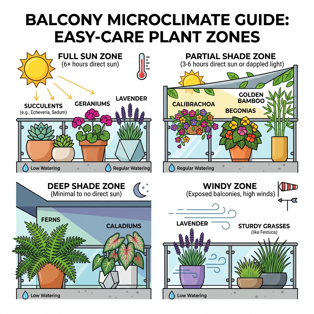 Balcony microclimate guide showing sun, shade, wind zones and recommended easy care plants for each - easy care balcony