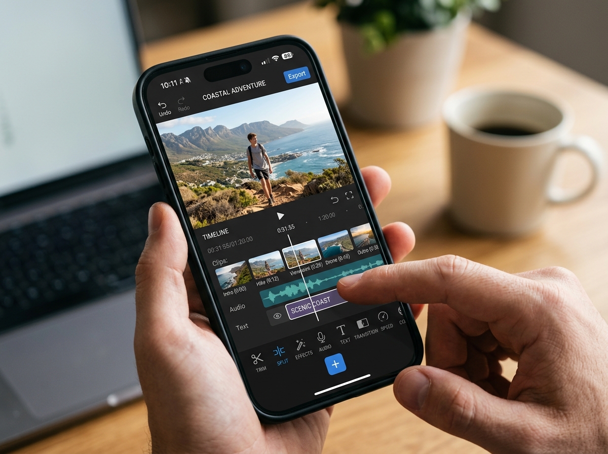 Full screen editing interface on a modern smartphone - full screen video editing app without watermark Full screen editing interface on a modern smartphone - full screen video editing app without watermark