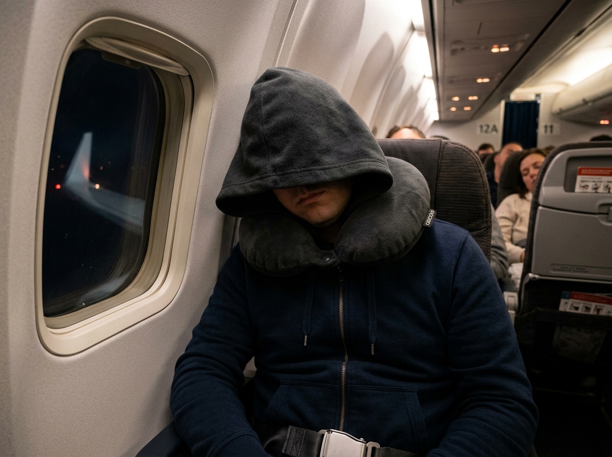 The privacy hood feature creates a personal sensory deprivation tank for travelers - cheap hooded pillow for planes