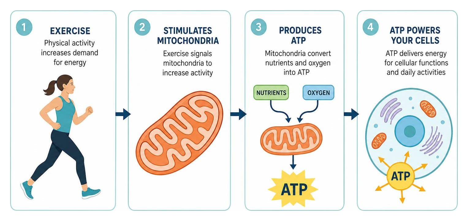 A simple diagram showing how exercise stimulates mitochondria to produce ATP cellular energy A simple diagram showing how exercise stimulates mitochondria to produce ATP cellular energy