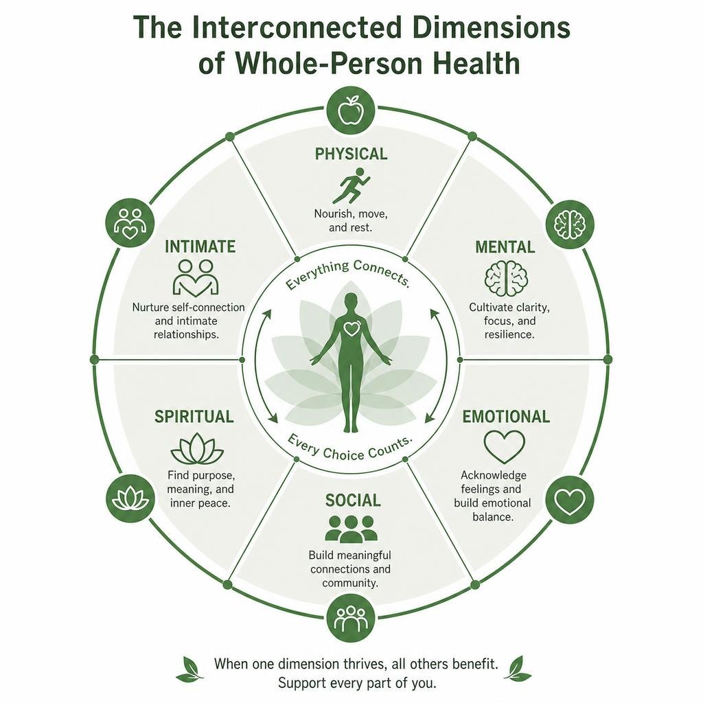 Infographic detailing the interconnected dimensions of whole-person health infographic