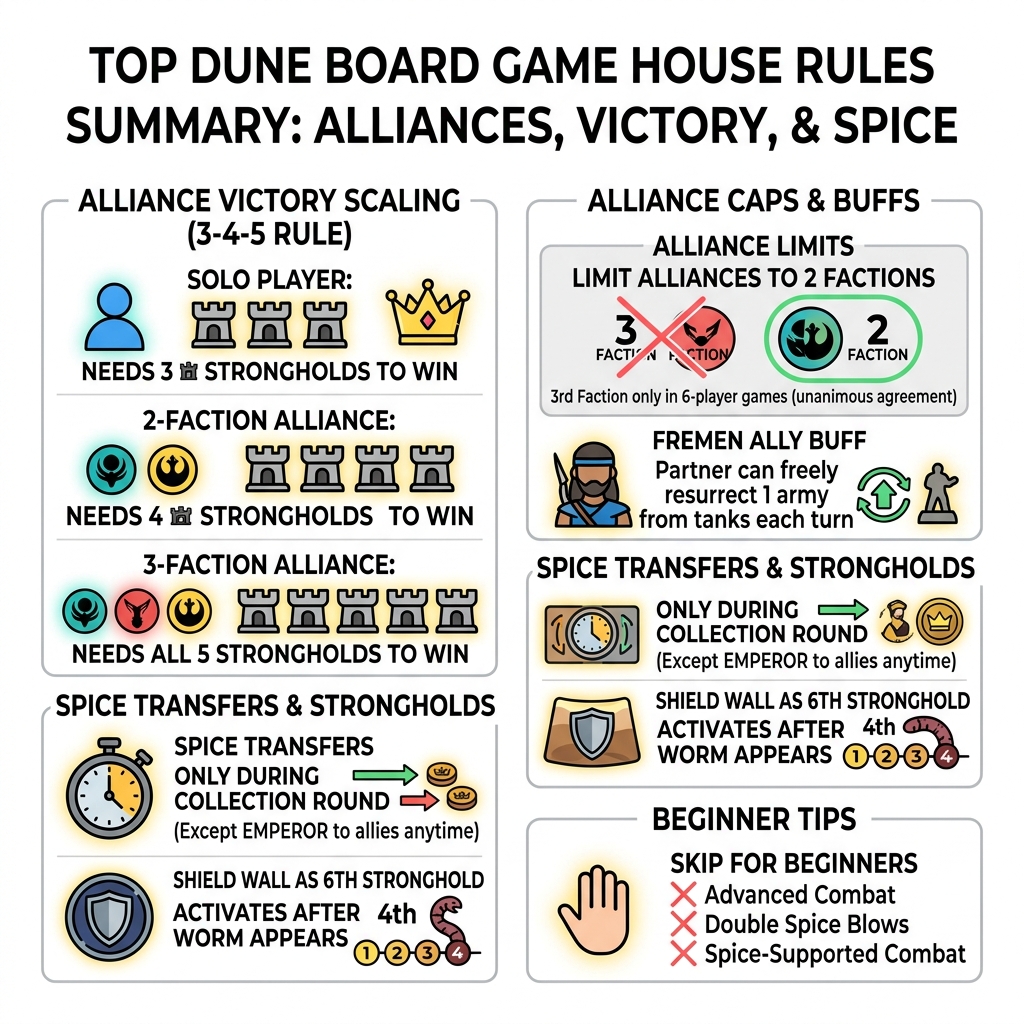 Summary infographic of top Dune board game house rules covering alliances, victory conditions, and spice transfers - dune