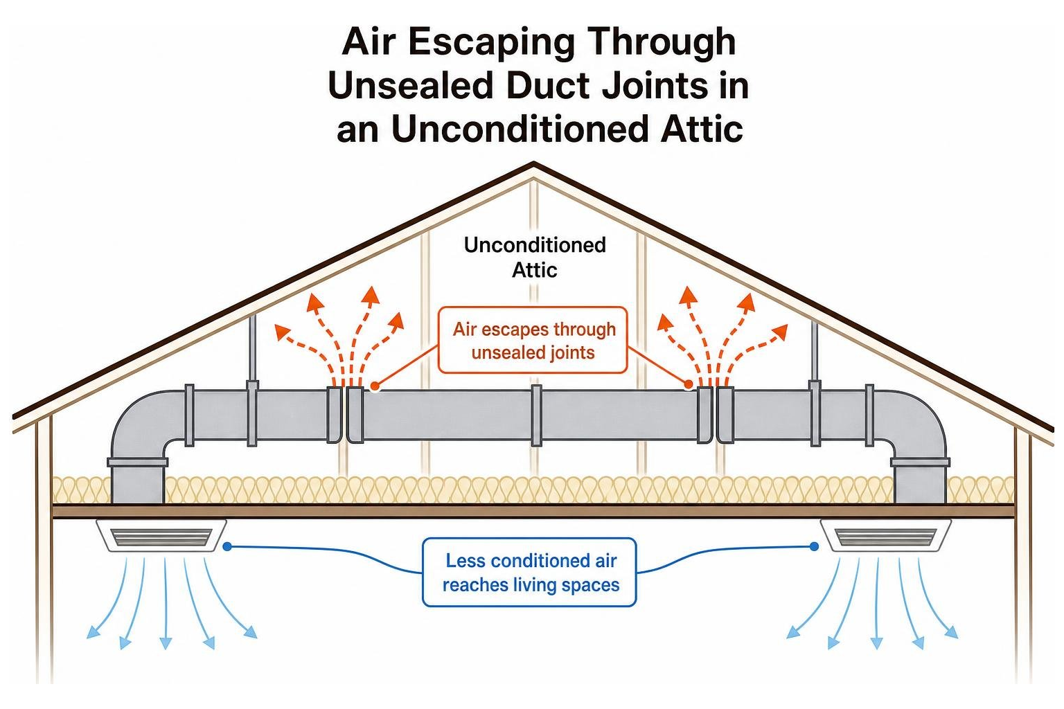 Diagram showing air escaping through unsealed duct joints in an unconditioned attic Diagram showing air escaping through unsealed duct joints in an unconditioned attic
