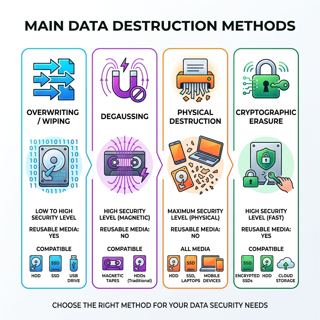 Infographic showing the four main data destruction methods, their security levels, and media compatibility - data
