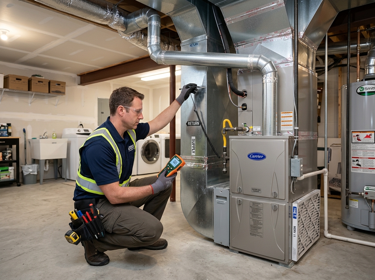 Professional energy auditor inspecting a home HVAC system - atlantic city electric energy audit