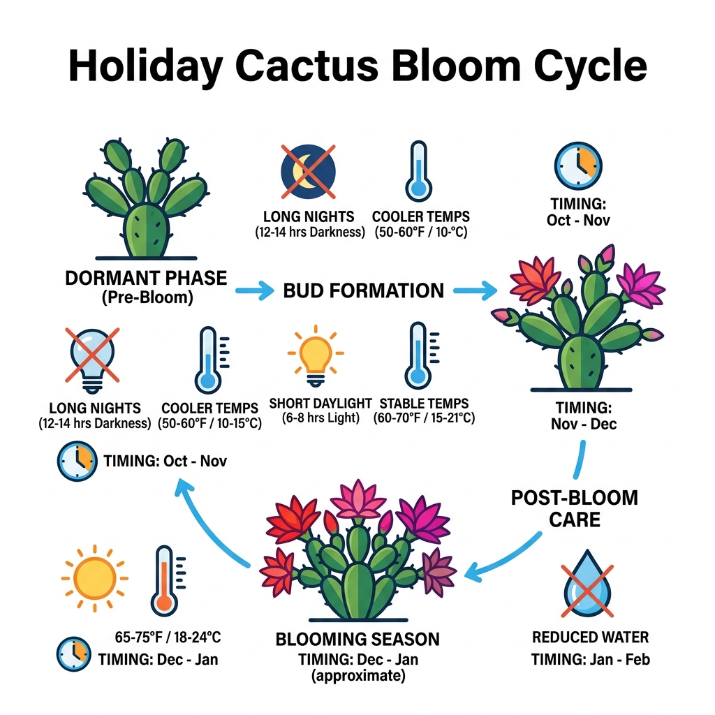 Holiday cactus bloom cycle infographic showing light, temperature, and bloom timing - christmas cactus arrangements