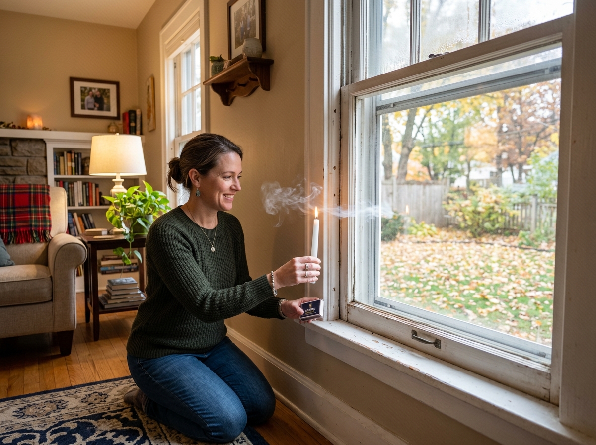 homeowner performing a candle smoke test near a window frame - best way to seal a drafty window