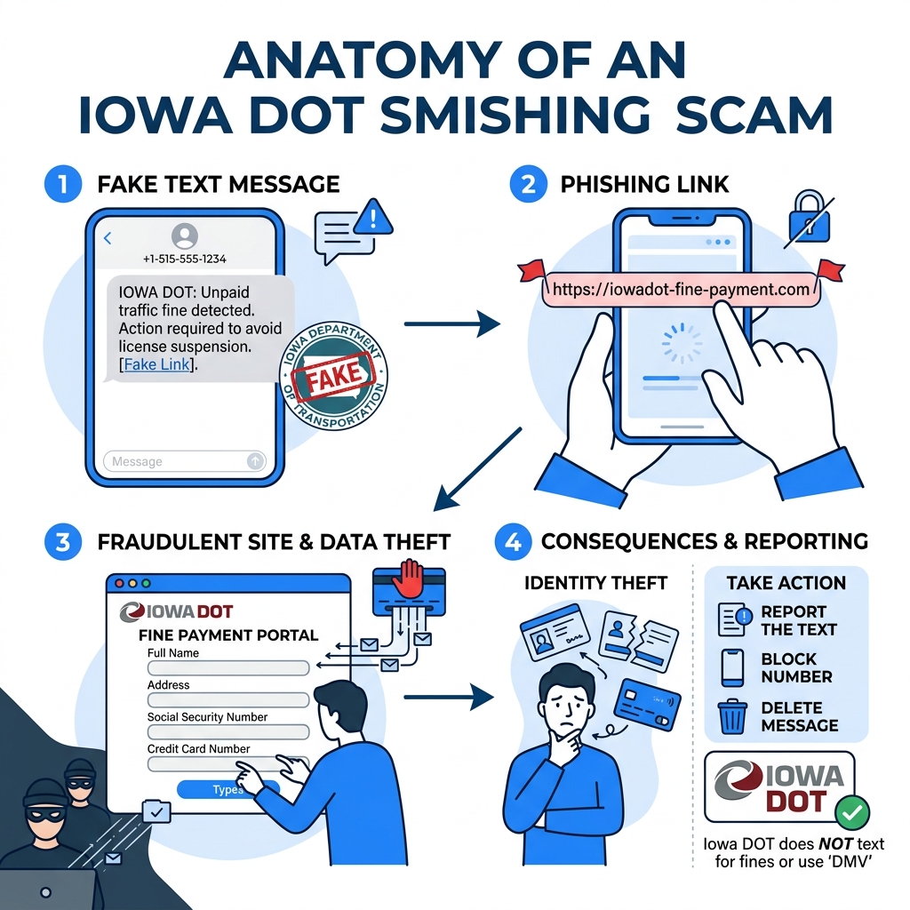 Anatomy of an Iowa DOT smishing scam infographic showing fake text, phishing link, and data theft steps - iowa dot scam Anatomy of an Iowa DOT smishing scam infographic showing fake text, phishing link, and data theft steps - iowa dot scam