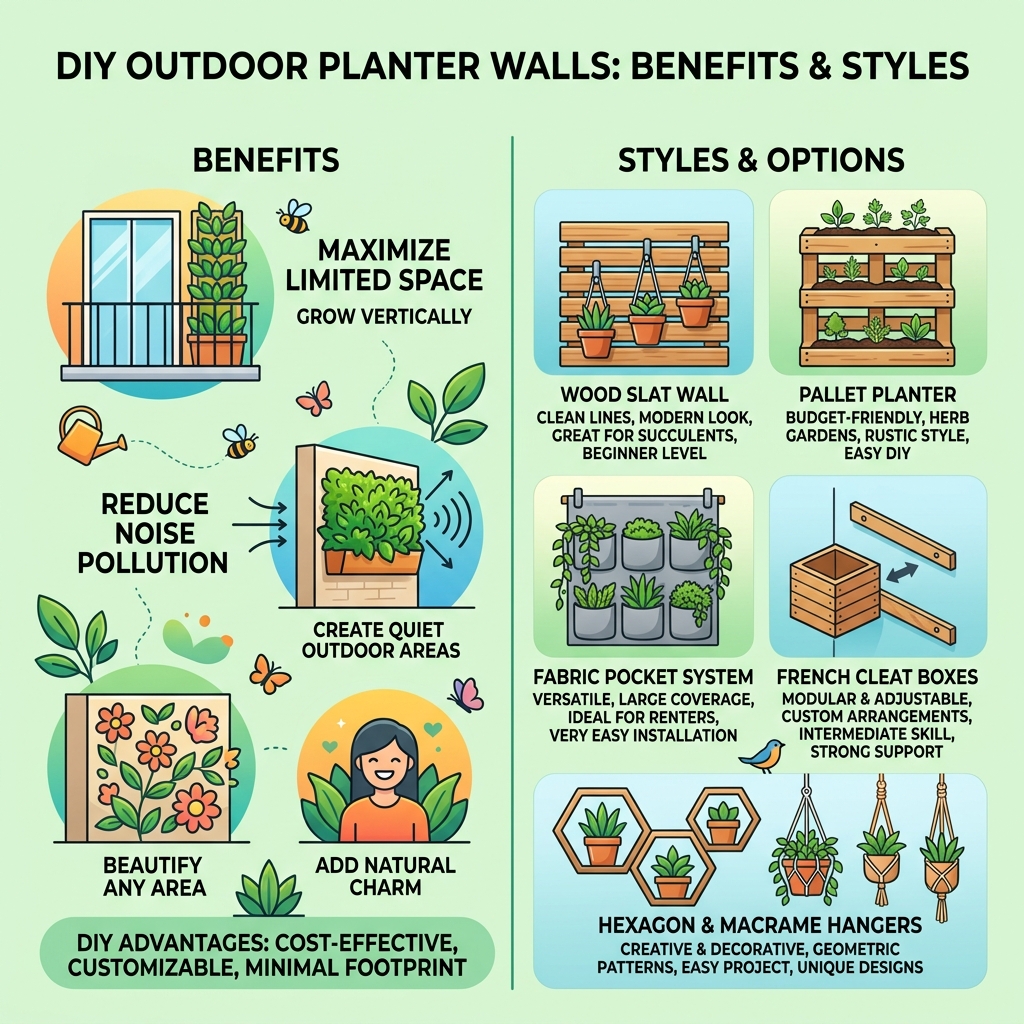 Benefits and styles of DIY outdoor planter walls infographic - diy outdoor planter wall infographic 