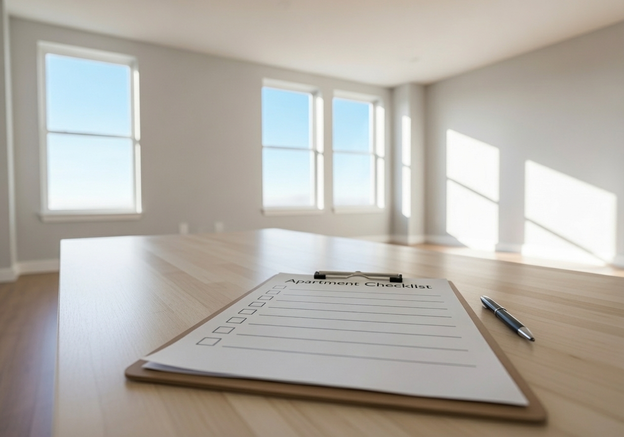 Checklist on a clipboard inside an empty apartment - modern apartment renting