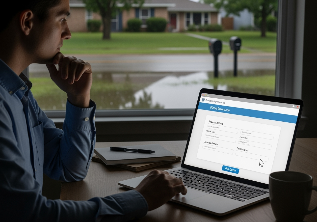Image of a person on a laptop comparing two different flood insurance quotes side-by-side on the screen. - Flood insurance online quotes Image of a person on a laptop comparing two different flood insurance quotes side-by-side on the screen. - Flood insurance online quotes