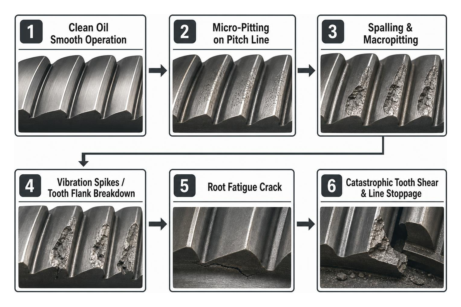 Gear tooth failure progression diagram Gear tooth failure progression diagram