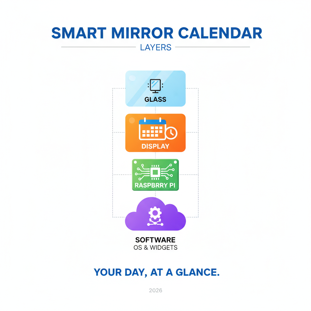 Infographic showing smart mirror calendar widget layers: glass, display, Raspberry Pi, and software - smart mirror calendar Infographic showing smart mirror calendar widget layers: glass, display, Raspberry Pi, and software - smart mirror calendar