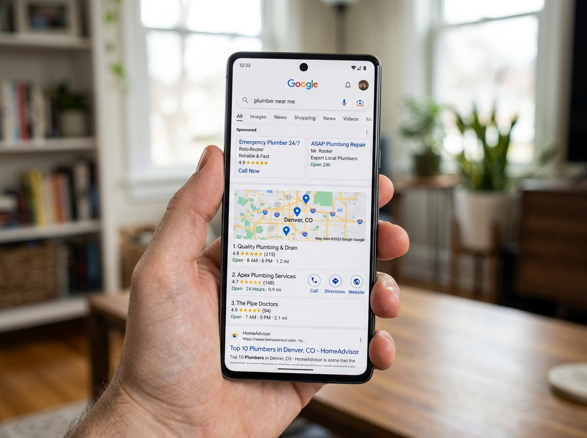 Local plumber search results on a mobile phone screen - plumber advertising ideas Local plumber search results on a mobile phone screen - plumber advertising ideas