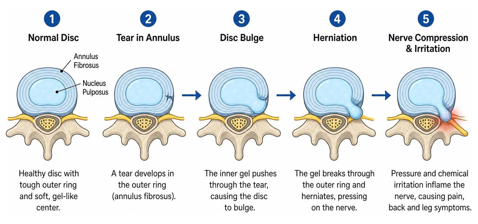 Mechanism of lumbar disc herniation from tear to nerve compression