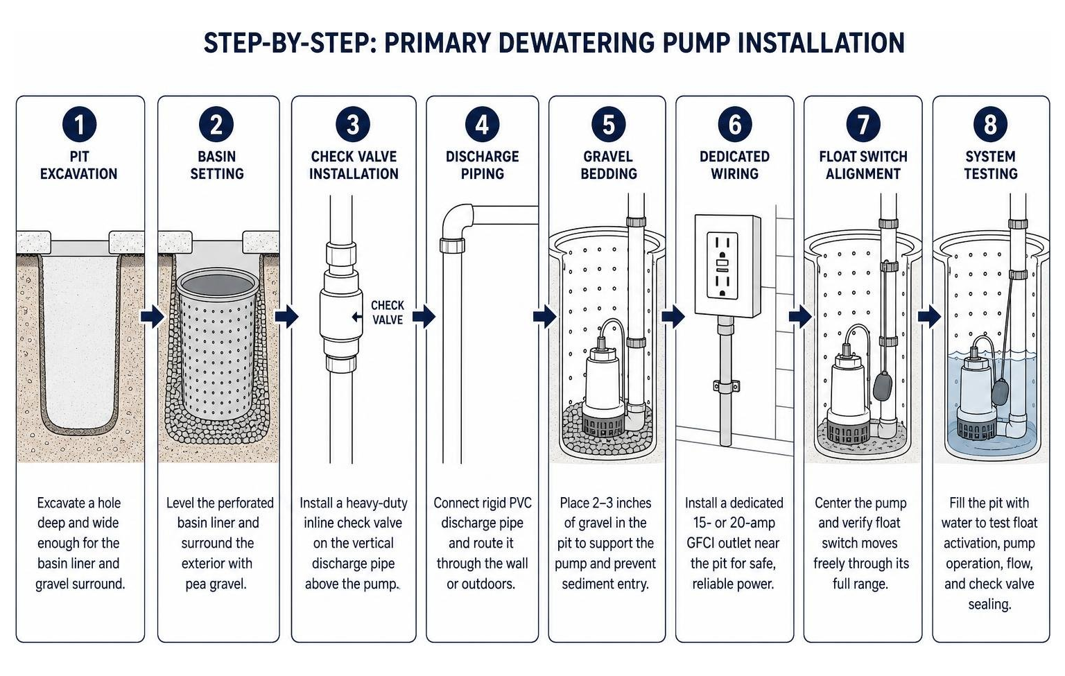 Step-by-step sequence diagram of a primary dewatering pump installation Step-by-step sequence diagram of a primary dewatering pump installation