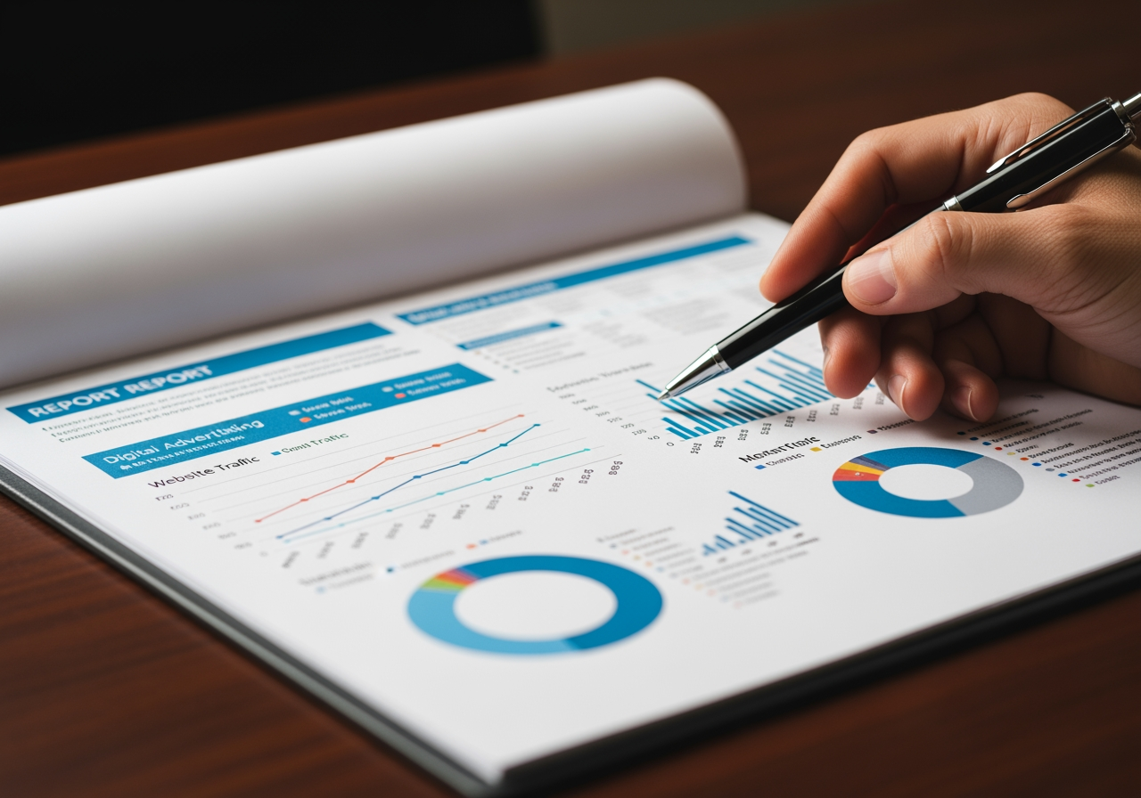 Sample PPC audit report - PPC audit company Hand holding a pen pointing at a detailed digital advertising report featuring graphs, charts, and data analysis, illustrating the PPC audit process and performance metrics.