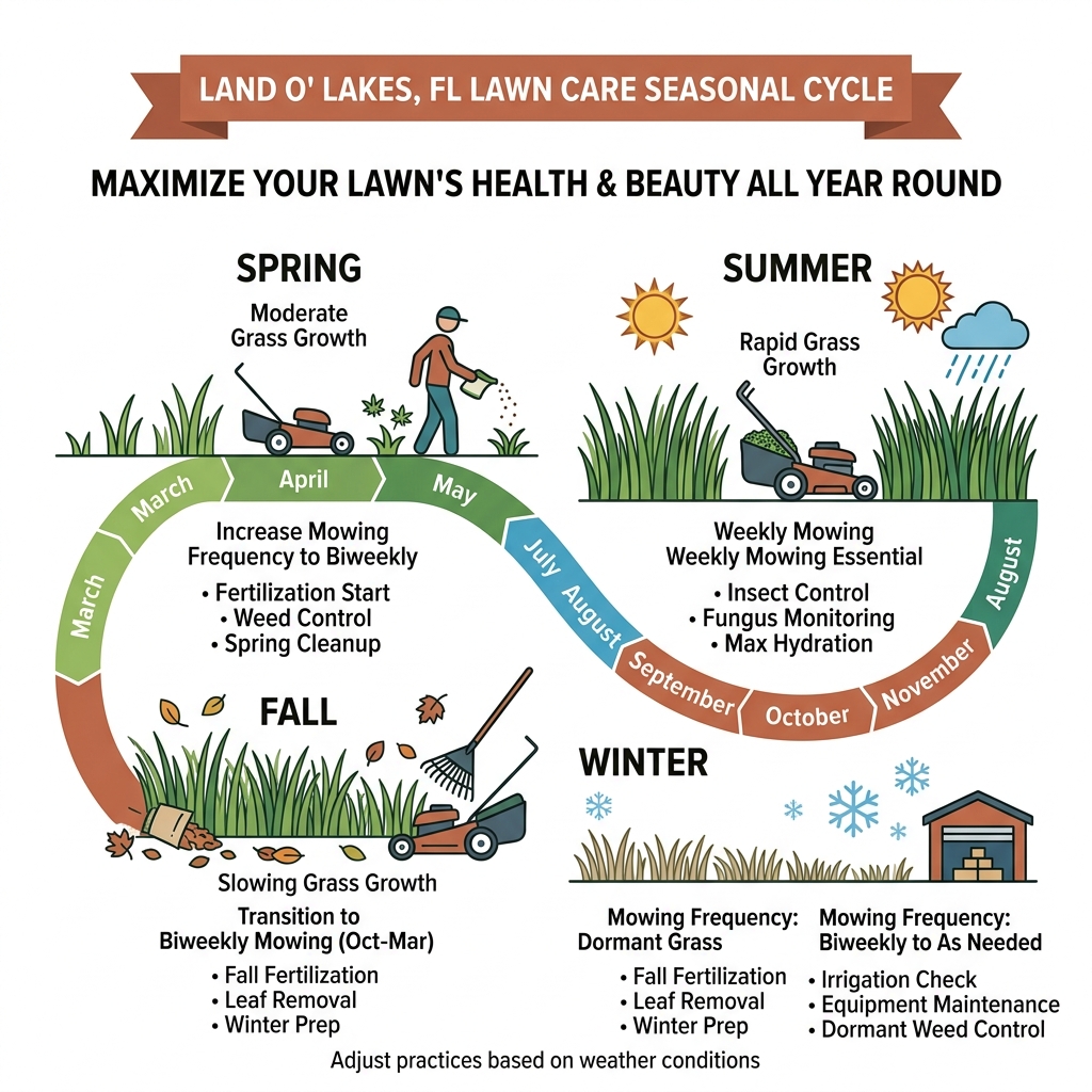 Florida lawn care seasonal cycle infographic showing mowing frequency, grass growth, and service types by month - lawn care Florida lawn care seasonal cycle infographic showing mowing frequency, grass growth, and service types by month - lawn care