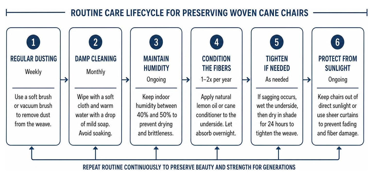 Routine care lifecycle for preserving woven cane chairs Routine care lifecycle for preserving woven cane chairs