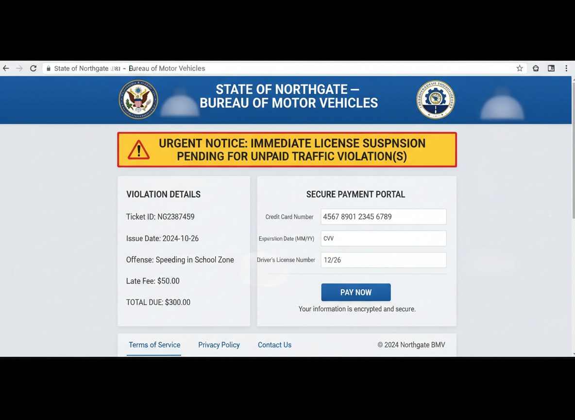 A fake government website landing page used for phishing - bmv unpaid ticket scam text A fake government website landing page used for phishing - bmv unpaid ticket scam text