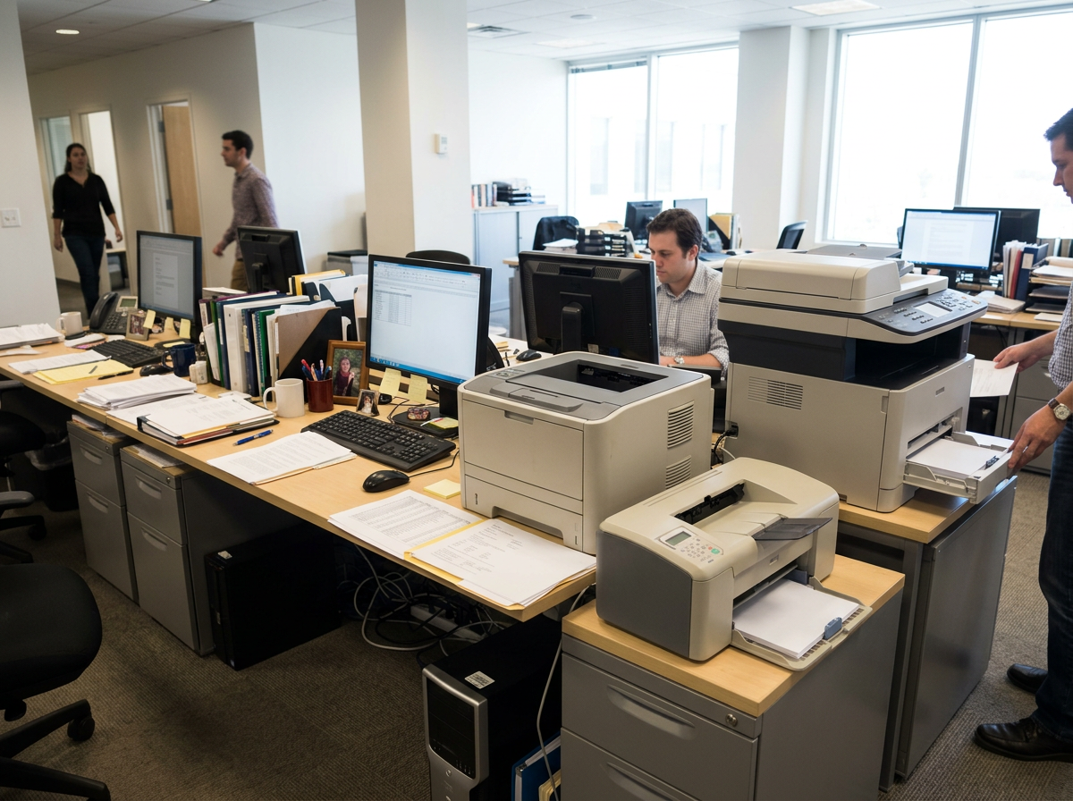cluttered office desks with multiple printers