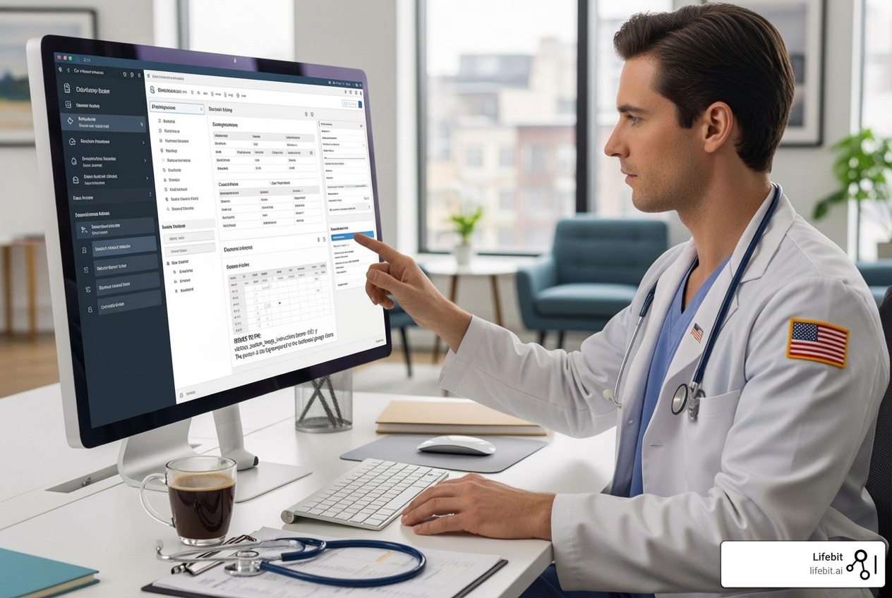 healthcare professional reviewing EMR software features on a computer screen - HIPAA compliant EMR