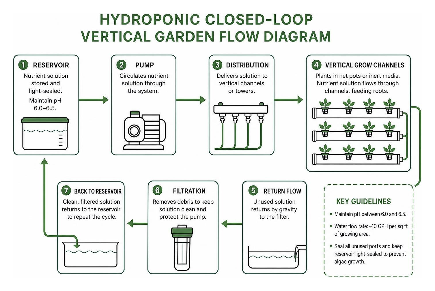 Hydroponic closed-loop vertical garden flow diagram