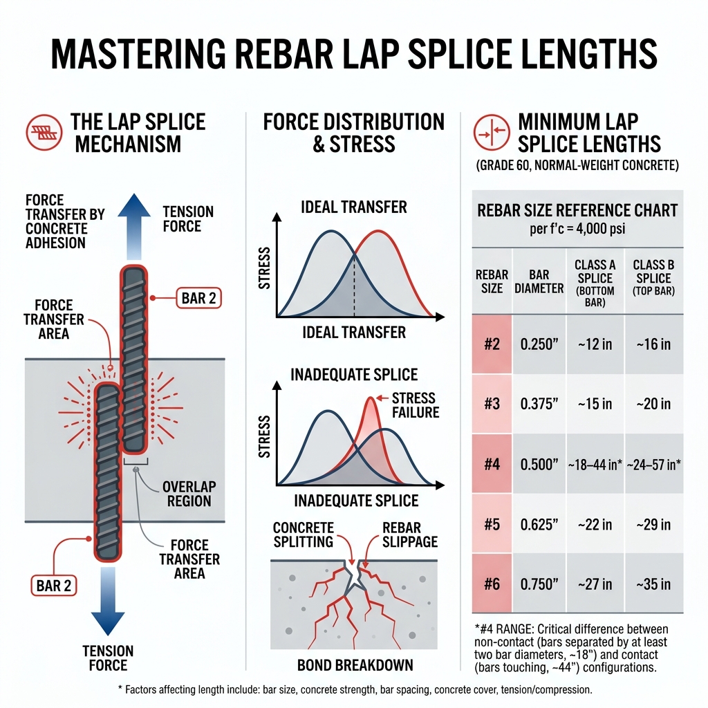 Infographic showing lap splice mechanism, force distribution, and minimum lengths by rebar size - lap splice length for Infographic showing lap splice mechanism, force distribution, and minimum lengths by rebar size - lap splice length for