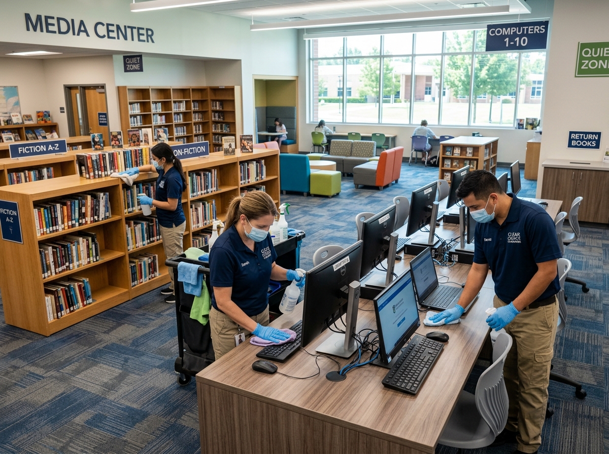 Professional cleaners sanitizing a modern school media center - Library cleaning services Professional cleaners sanitizing a modern school media center - Library cleaning services
