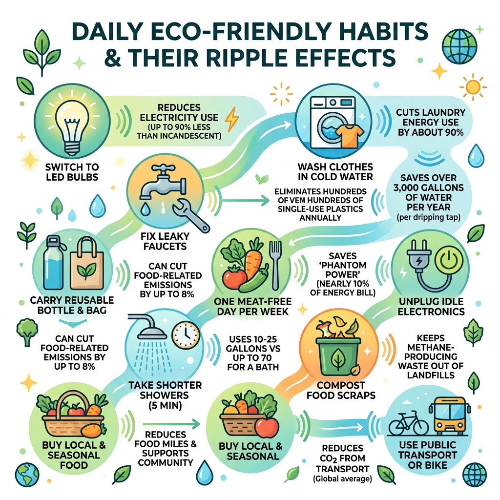 infographic showing daily eco-friendly habits and their environmental ripple effects - tips for eco friendly living infographic showing daily eco-friendly habits and their environmental ripple effects - tips for eco friendly living