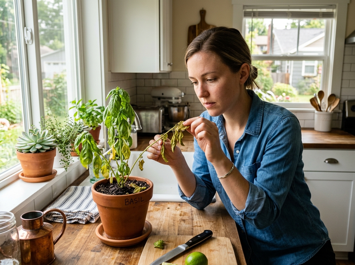 Person checking wilting basil leaves to determine if the cause is over or underwatering - water basil plant indoors Person checking wilting basil leaves to determine if the cause is over or underwatering - water basil plant indoors