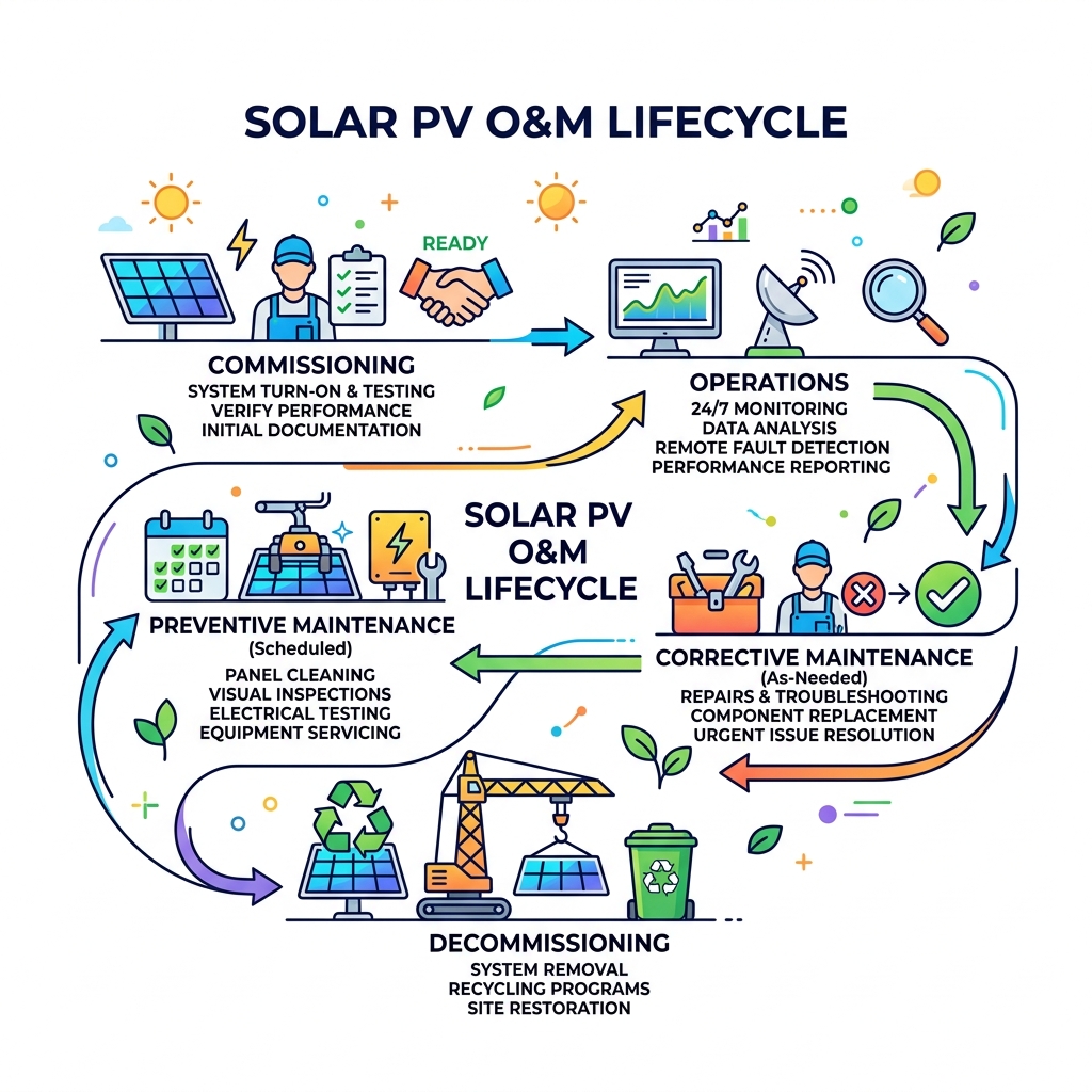Solar O&M lifecycle infographic from commissioning through preventive maintenance to decommissioning - solar operations and Solar O&M lifecycle infographic from commissioning through preventive maintenance to decommissioning - solar operations and