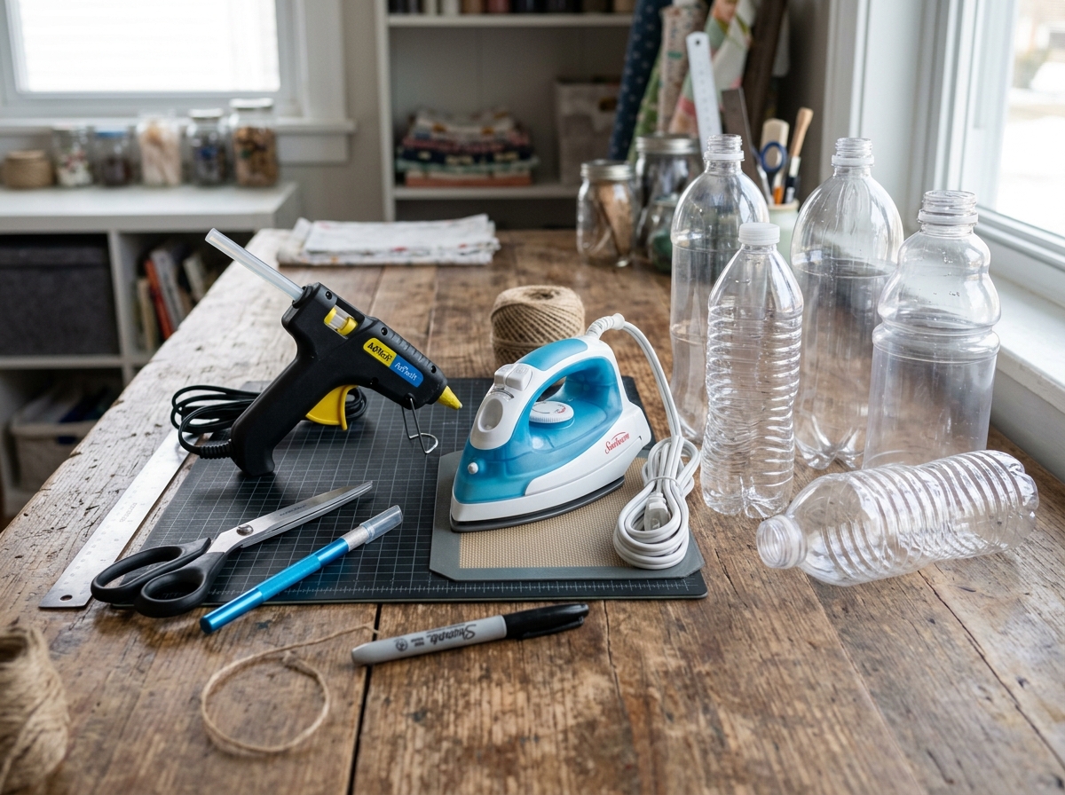 Crafting tools and prepared plastic bottles - recycled christmas decorations using plastic bottles Crafting tools and prepared plastic bottles - recycled christmas decorations using plastic bottles