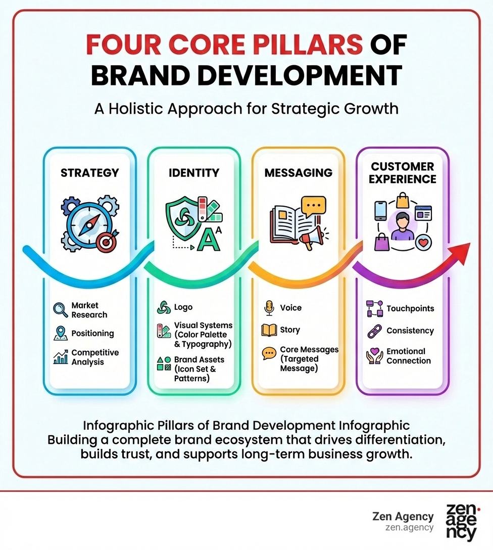Infographic showing the four core pillars of brand development: Strategy (market research, positioning, competitive analysis), Identity (logo, visual systems, brand assets), Messaging (voice, story, core messages), and Customer Experience (touchpoints, consistency, emotional connection) - brand development services infographic 