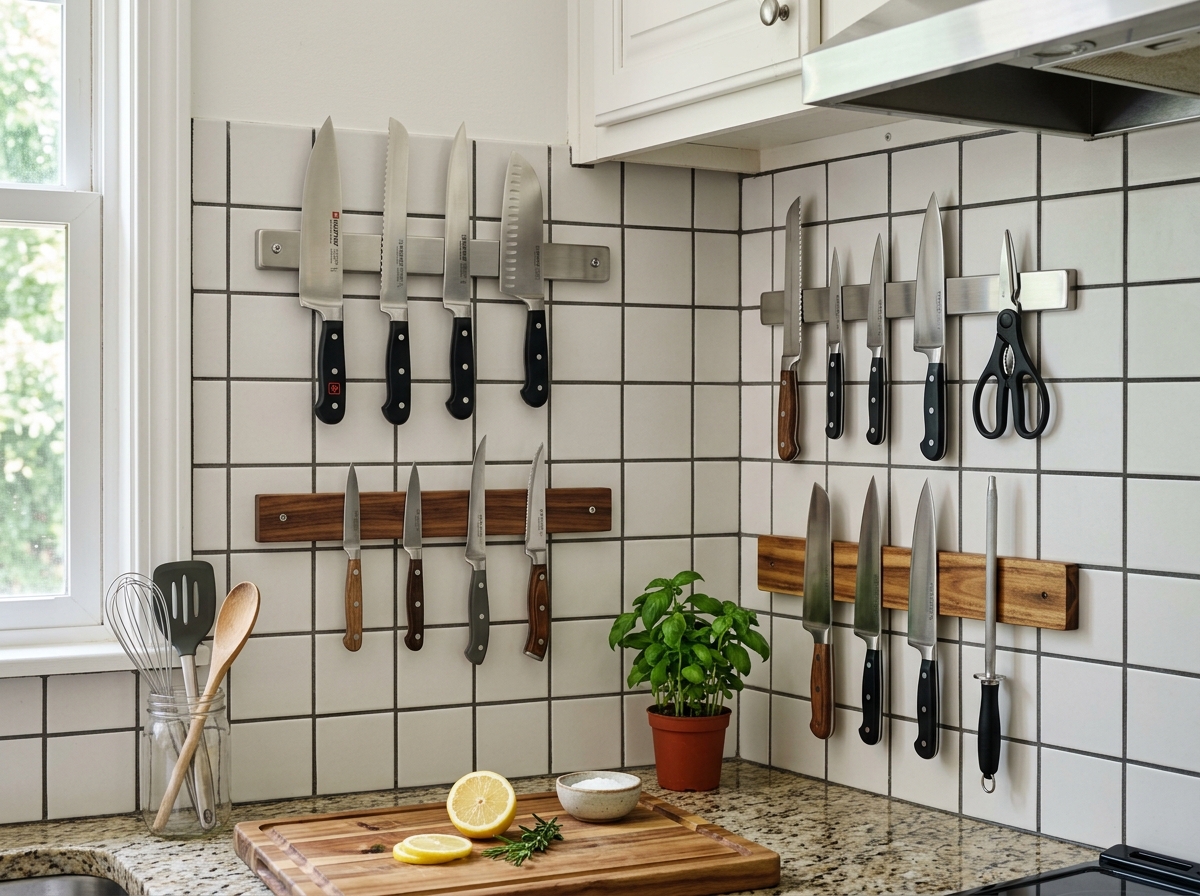 Various stainless steel and wood knife bars mounted on a kitchen backsplash - magnetic knife wall holders