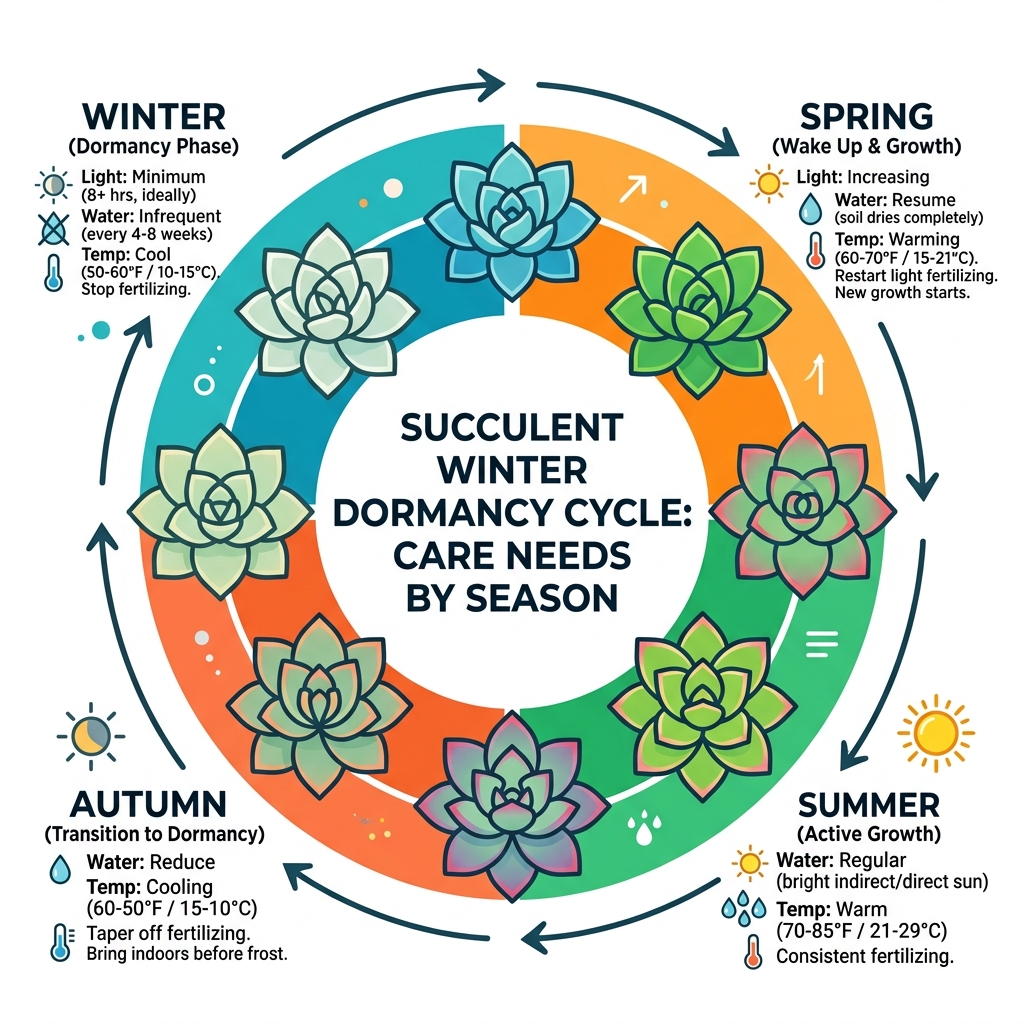 Succulent winter dormancy cycle infographic showing light, water, and temperature needs by season - growing succulents