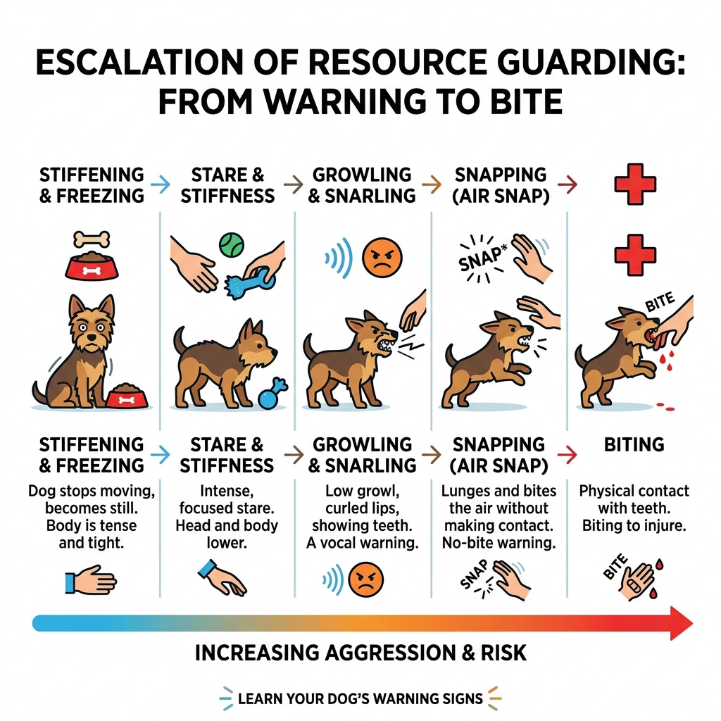 Infographic showing escalation of resource guarding from freezing and stiffening to growling snapping and biting - how stop