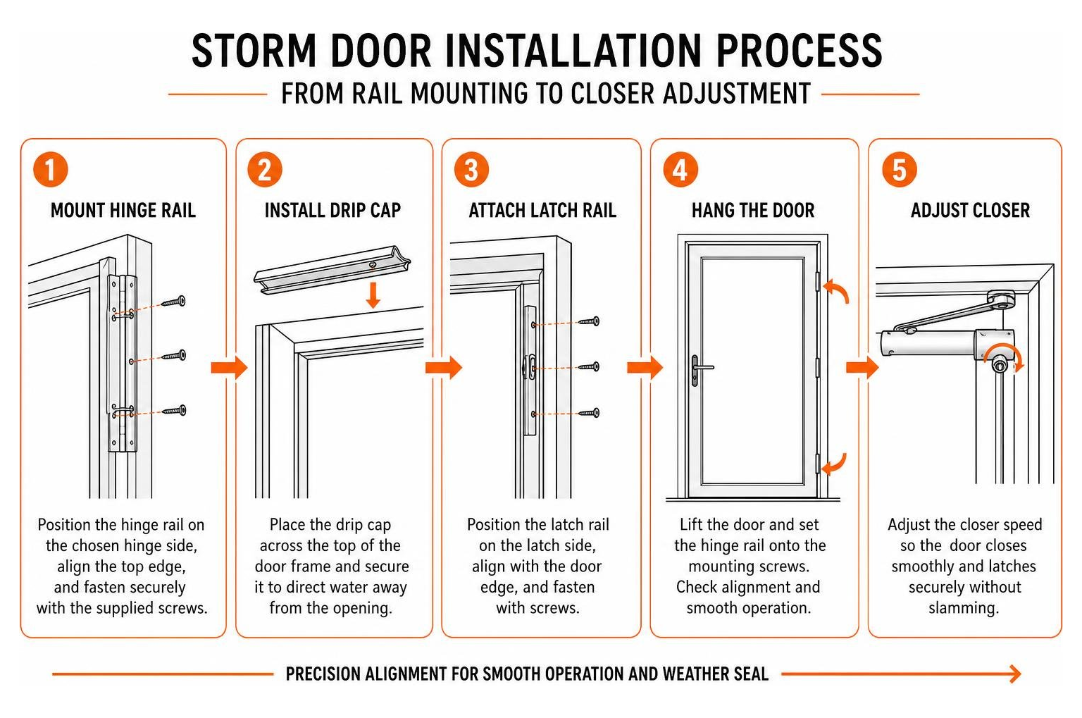 Storm door installation process from rail mounting to closer adjustment