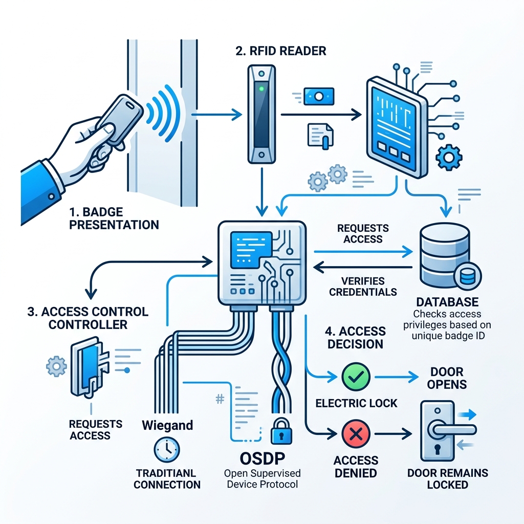 Communication flow between a badge, RFID reader, and access control controller - door badge reader infographic Communication flow between a badge, RFID reader, and access control controller - door badge reader infographic