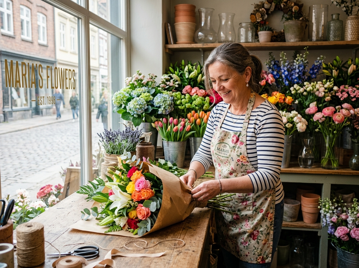 A local artisan florist in Europe carefully preparing a fresh bouquet for delivery - flowers to be sent abroad